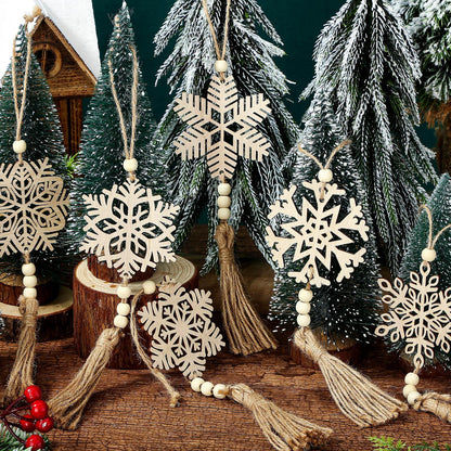 Barydat 18 Pcs Boho Christmas Snowflakes Ornaments Beads with Rope Wooden Tree Hanging Decorations Christmas Tree Hanging Ornament Wood Hanging Cutout for DIY Rustic Decor Crafts, 6 Style