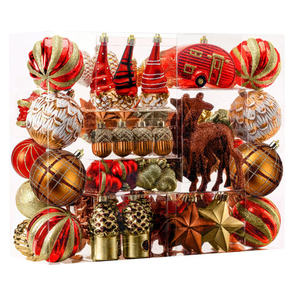 Alupssuc 103pcs Christmas Balls Ornaments Set, Gnome Christmas Tree Decorations with Hanging Strings, Shatterproof Plastic Baubles for Xmas Tree Holiday Wedding Party Decorations, Red, Bronze and Gold