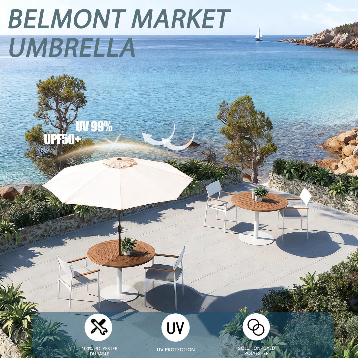 GREFORG 9FT Large Outdoor Patio Umbrella Market Table Umbrella-UV Resistant, Easy Push Button Tilt and Crank, 8 Sturdy Ribs Heavy-Duty Pool Umbrella for Deck,Beige