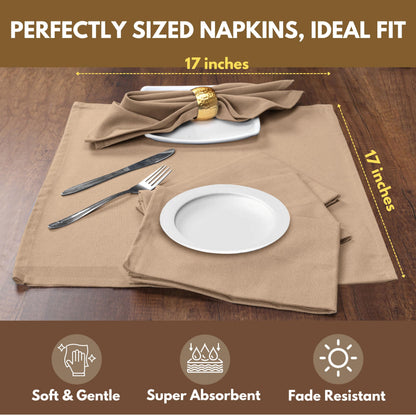 Native Fab Cloth Napkin Set of 12, 100% Cotton, Washable, Reusable Dinner Cloth Napkin 17x17 inches, Table Decor Napkins for Dinner, Events, Beige