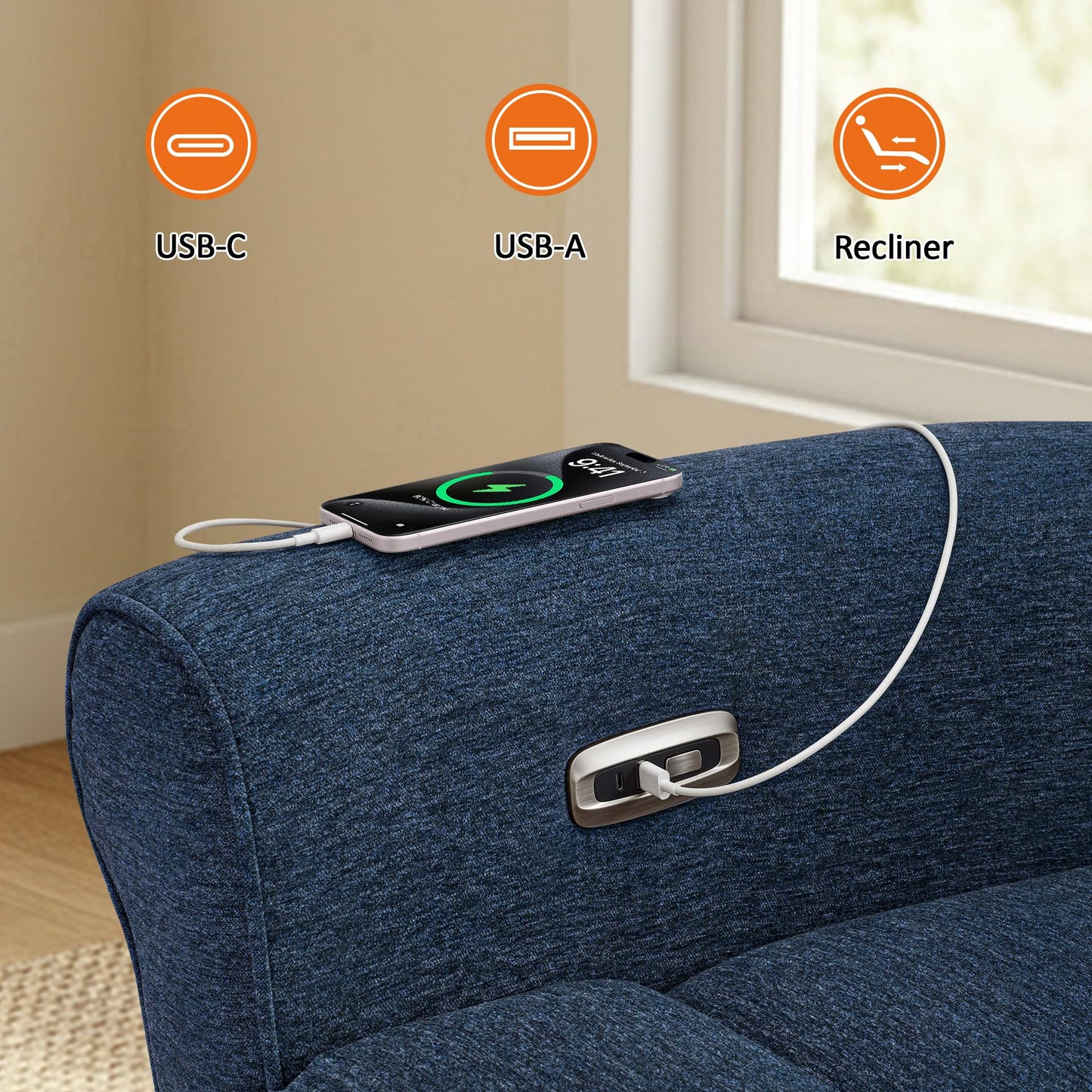 MCombo Compact Wall Hugger Power Recliner Chair for Small Spaces, Dual USB-A/C Ports, Rolled Arm Recliner for Living Room & RV, Fabric PR520 (Fabric, Navy Blue, Small)