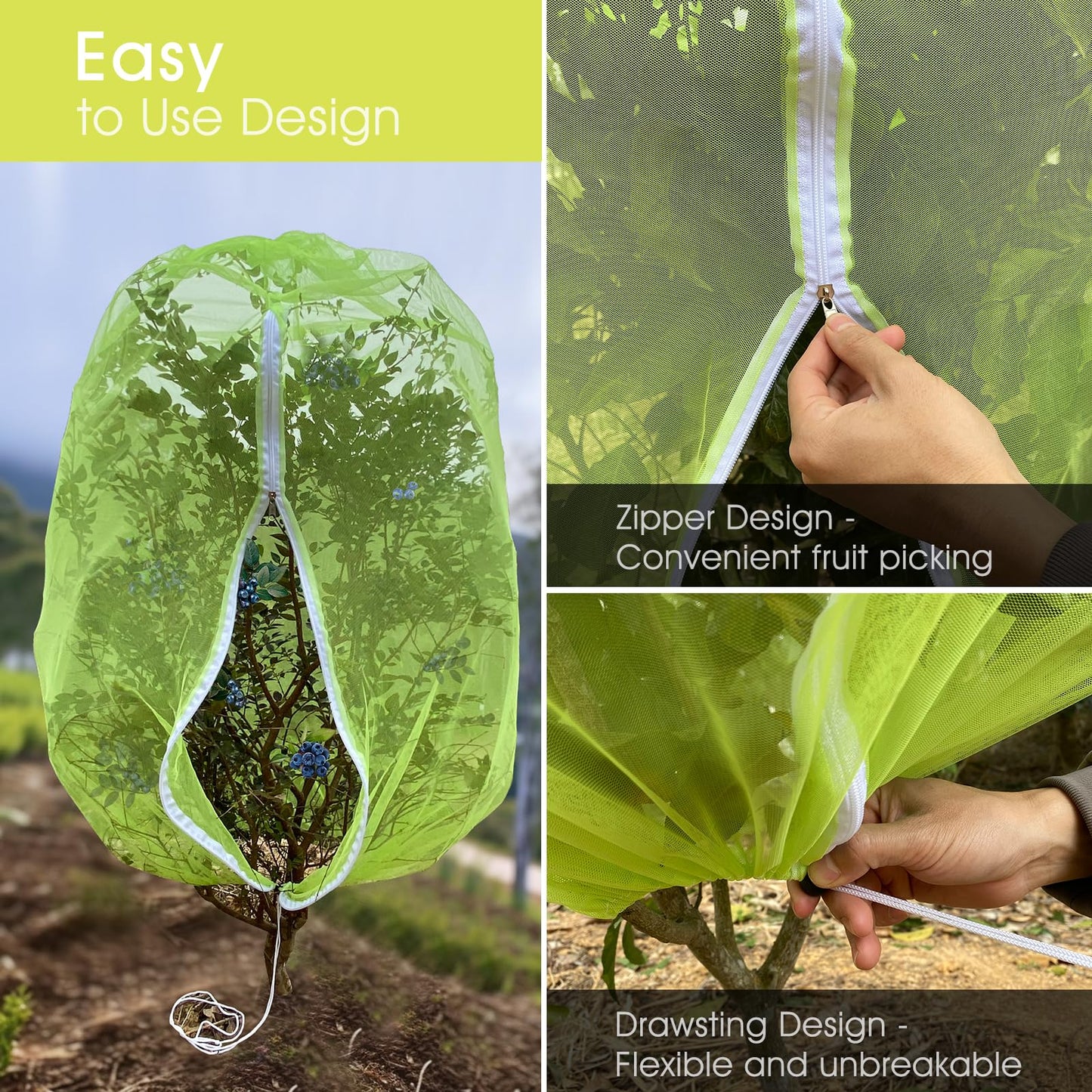Fruit Tree Netting, RIFNY 3.3 x 2.6 FT Blueberry Bush Netting Cover with Zipper Drawstring, Outdoor Mosquito Net Garden Netting Protector Plant from Birds Cicadas Animals Insect (4 PCS, Green)