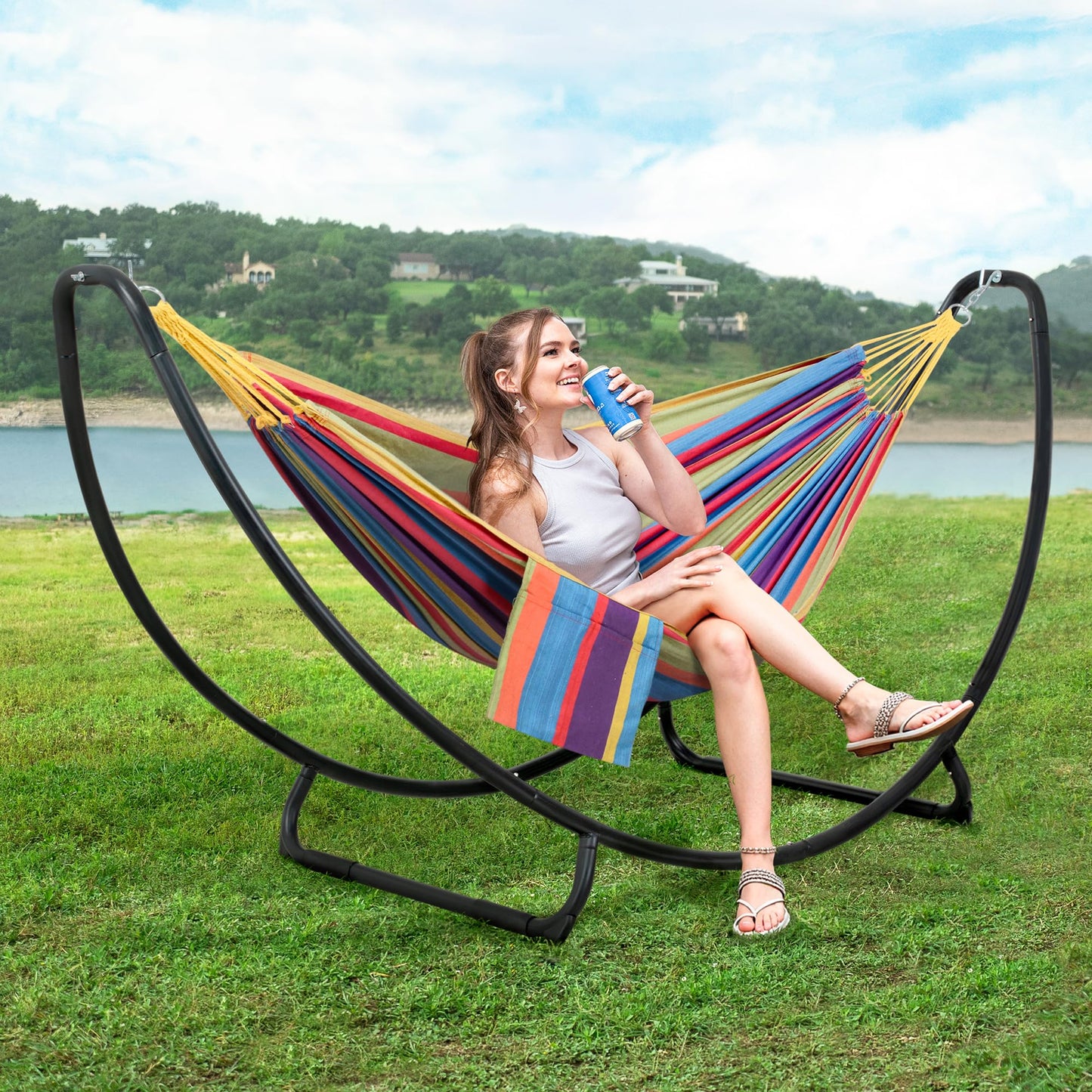 SUNCREAT Portable Space Saving Hammock with Stand, Two Person Hammock with Stand Included, Patent Pending, Rainbow