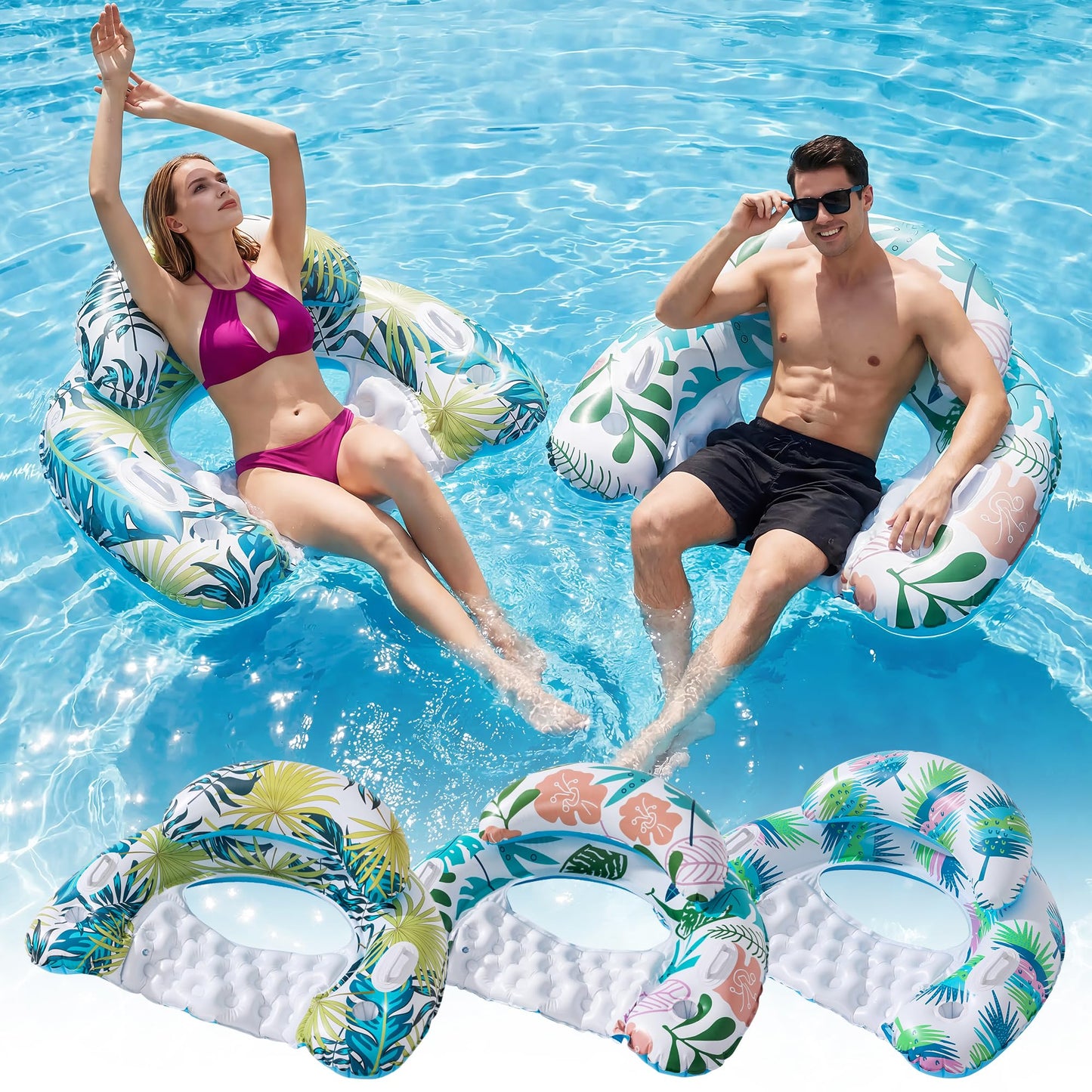 3 Pack Pool Floats Adult, OKSUWATER Pool Floaties with Two Cup Holders & Handles, Inflatable Pool Floats Chairs, Lake Floats Applies to Swimming Pool Party Summer Lake Water Fun