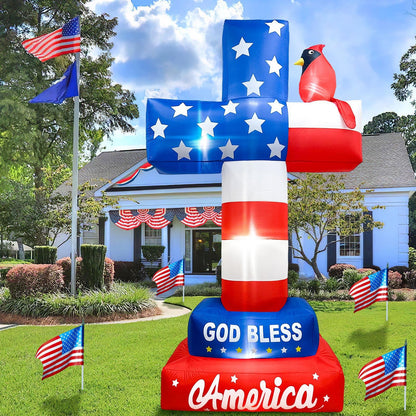 OurWarm 8FT 4th of July Inflatables, Memorial Day Inflatables Outdoor Decorations Blow Up Cross with Cardinal American Flag Built-in LEDs & Blower, Patriotic Inflatable for Lawn Independence Day Decor