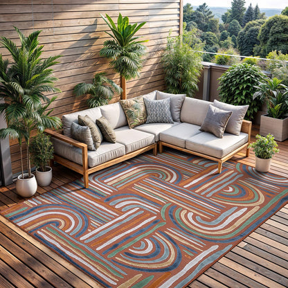 CAMILSON Indoor Outdoor Rug, Orange 6x9 Geometric Arch Striped Area Rugs for Patio and Home Areas, Easy-Cleaning Non-Shedding Living Room, Garden and Deck Washable Outside Carpet (6 x 9)