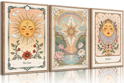 3pcs Sun And Moon Celestial Canvas wall art Tarot Astrology Paintings Pictures Wall Decor Boho Lotus Floral Posters Prints Artwork for Living Room Bedroom Dorm Apartment Home Decoration Unframed