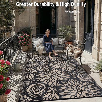 WondRg Outdoor Plastic Straw Rug Waterproof Patio 9x12 Black Brown Floral Mat for Porch Camping RV Balcony Deck Courtyard Reversible Lightweight Durable Portable Carpet