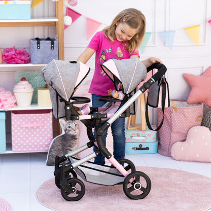 Bayer Twin Doll Pram Neo, Grey, Pink with Butterfly, Jean Look