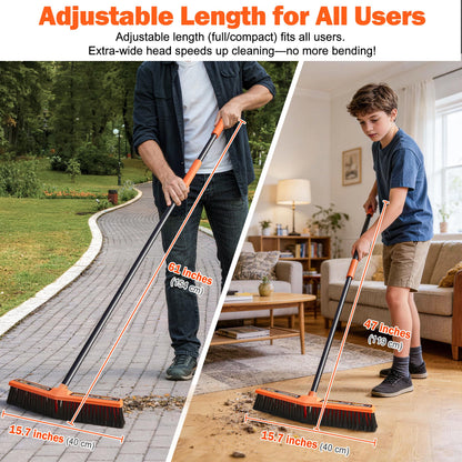 JEHONN Push Broom Outdoor Heavy Duty, 15.7 inches V-Shaped Stiff Bristle Commercial Industrial Brush with 61” Long Handle for Garage Warehouse Shop Garden Patio Driveway Yard Street Deck (Orange)