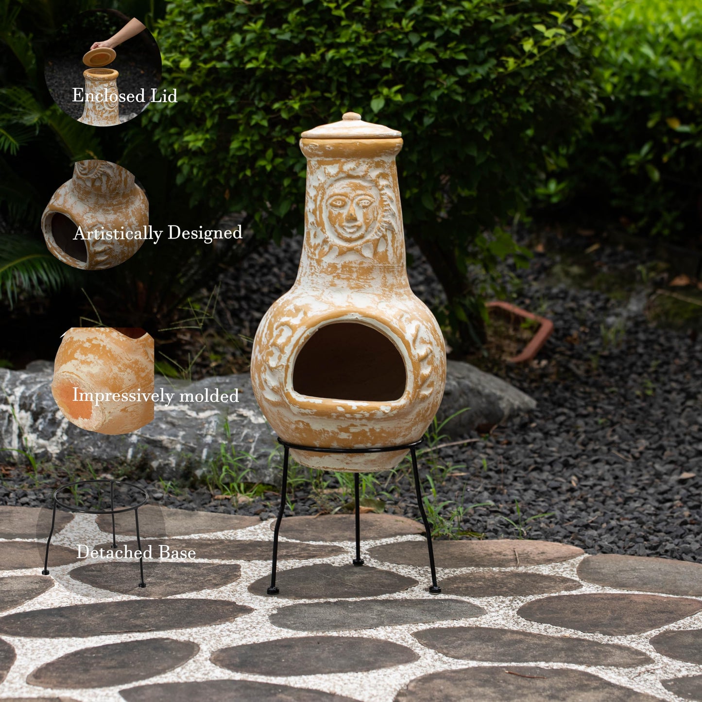 Outdoor Clay Chiminea Fireplace Sun Design Wood Burning Fire Pit with Sturdy Metal Stand, Barbecue, Cocktail Party, Cozy Nights Fire Pit (Beige)