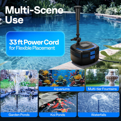 VIVOHOME 4-in-1 Pond Filter System Kits, 1370 GPH Water Pump with Filter, Fountain and 13W Light Combo for Ponds up to 2113 Gallons