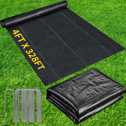 Kweetle 4FT X 328FT Garden Weed Barrier Landscape Fabric Heavy Duty Ultra Thick Premium Weeds Control Mat Ground Cover Weed Block Gardening Mat, 20 Ground Stakes Included