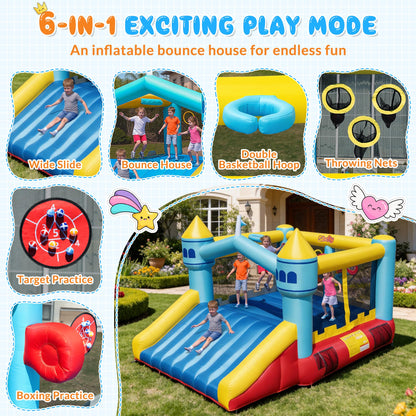 Sibefiy Bounce House, 6-in-1 Play Mode Inflatable Bounce House for Kids, High Elasticity Bouncy House with 480W Blower, Bouncy Castle with Wide Slide for Christmas, Birthday Parties
