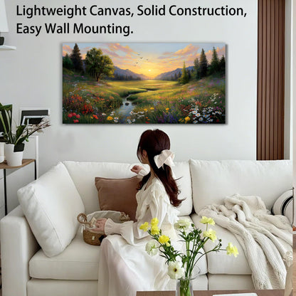 Tarfupth Large Green Landscape Canvas Wall Art for Living Room Sunset Mountain Wildflowers Canvas Prints Nature Scenery Artwork for Bedroom Office Home Decor 20"x40"