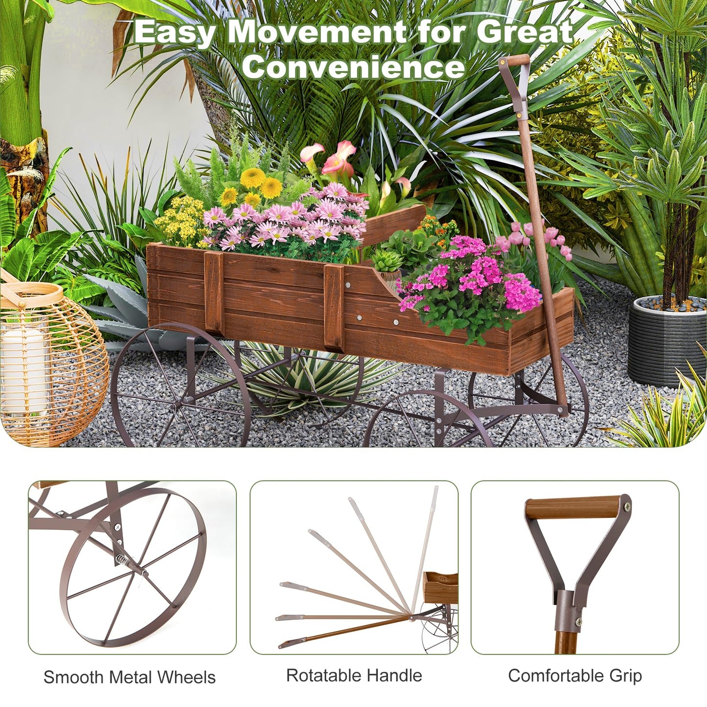 HAPPYGRILL Wooden Wagon Planter, 24.5” x 13.5” x 24” Decorative Garden Planter w/ 2 Planting Sections, Wheels, Handle, Small Decorated Cart, Flower Planter Box for Indoor Outdoor Patio (Brown)