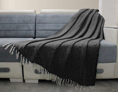 RAJRANG Black Throw Blanket Woven Country Rustic All Weather 100% Cotton Knitted Luxury Sofa Couch Bed Throws Mini Diamond 50 x 60 Inches