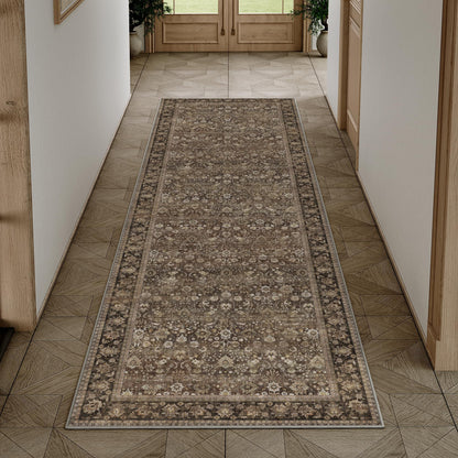 HUGEAR 2x6 Runner Rug Machine Washable Brown Hallway Area Rugs Indoor Accent Rugs Floral Low Pile Carpet Distressed Throw Rug Bedroom Living Room Office Dining Kitchen Laundry Non Slip