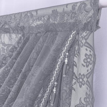 Huierxun Elegant Lace Waterfall Window Valance with Bead Tassels Floral Embroidered Valance Curtains Semi Sheer Rod Pocket Valance/Swags for Bedroom/Living Room/Kitchen/Basement (Grey,39"x41")