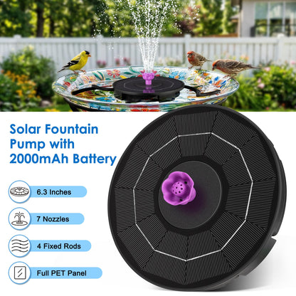 VOROSY Solar Powerd Fountain, Works in Cloudy with 2000mAh Battery Backup, Solar Bird Bath Fountain with 4 Adjustment Rods, 7 Nozzles, Outdoor Water Fountain for Brid Bath, Garden, Pool, Pond