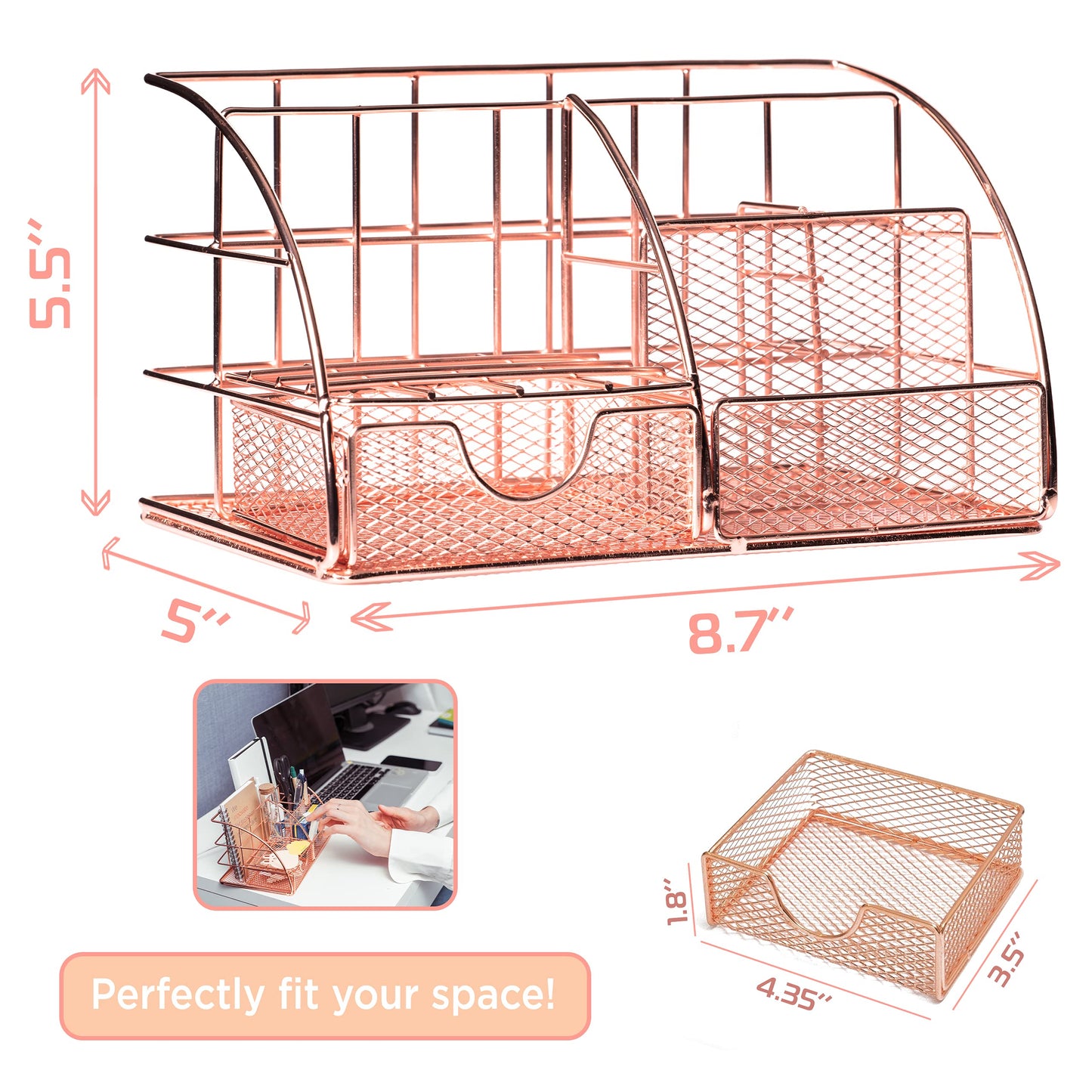 Rose Gold Desk Organizer for Women Cute Home Office Accessories & Supplies Decor, Girly Desktop Stationary Essentials Organization Set, Mesh Caddy Storage 5 Compartments +1 Mini Sliding Drawer