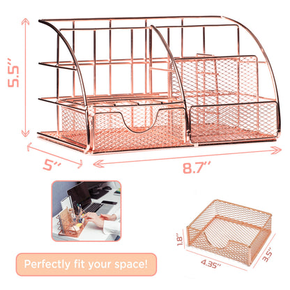 Rose Gold Desk Organizer for Women Cute Home Office Accessories & Supplies Decor, Girly Desktop Stationary Essentials Organization Set, Mesh Caddy Storage 5 Compartments +1 Mini Sliding Drawer