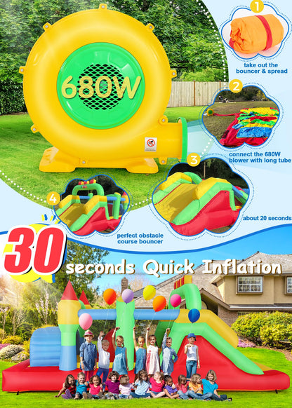 Whubefy 18x8.2FT Giant Inflatable Bounce House Obstacle Course for Big Kids 3-6 8-12 with Extra Large Slide, Racing Crawl Tunnels, Blow Up Race Track Bouncy Castle w/ 680W Blower for Backyard Outdoor