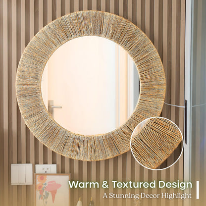 Chi An Home 24 Inch Natural Jute Mirror, Wall Mounted Round Mirror with Metal Frame, Wall Decor Rustic Farmhouse Boho Decor Accent for Bathroom, Bedroom, Living Room, or Entryway