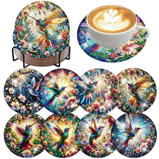 Axquilon Diamond Art Coasters Kit for Adults, 8 Pcs Hummingbirds Diamond Painting Coasters Kit with Holder, DIY Non Slip Art Supplies 4x4in