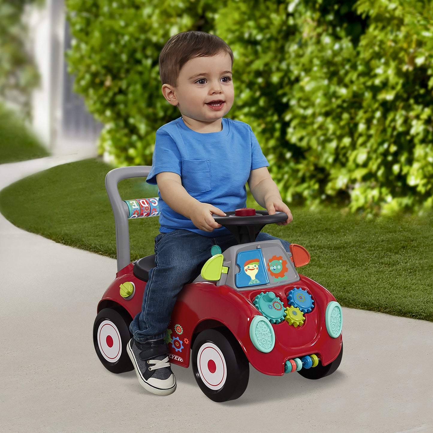Radio Flyer Busy Buggy, for Toddlers 1-3, 3-in-1 Push Walker Ride On Car with 17 Sensory Activities, Anti-Tip Feature, Under-Seat Storage, Horn and Gears, 42 lb Capacity, Toddler Ride On Toys