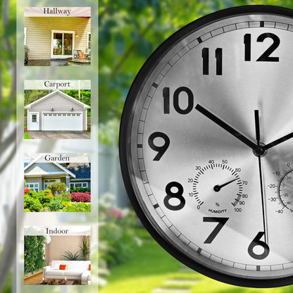 VIOYOUNS 10 Inch Indoor Clock with Temperature and Humidity, Waterproof and Silent, Large Easy-to-Read Numbers, Ideal for Bedroom,Office,Living Room,Porch,Garden,Pool(Silver)