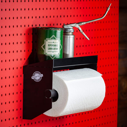 Pegboard Paper Towel Holder with Shelf, Peg Board Accessory Kit with Heavy Duty Peg Hooks, Black Pegboard Accessories Tool Holder Organizer