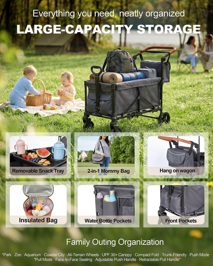 2-in-1 Wagon Stroller for Two Kids – Foldable Push & Pull All‑Terrain Wagon with Canopy, 5‑Point Harnesses,Removable Snack Tray,Storage Bag, Lightweight, Compact Trunk-Friendly Fold – Green