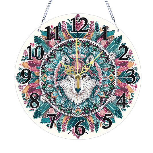 5D Special Shaped Wolf DIY Diamond Art Painting Clock Kit for Adults Quartz Movement Unique Wall Decor for Living Room Office Cool Creative Gift