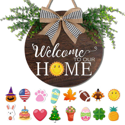 Yonuni Interchangeable Welcome to Our Home Sign, Equipped with 16 Replaceable Icons, Farmhouse Front Door Signs Wooden Wreath Suitable for All Seasons Holiday Halloween Christmas (12x12 Inch)