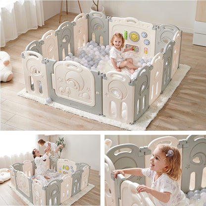 Fortella Cloud Castle Foldable Playpen, Baby Safety Play Yard with Writing Whiteboard and Activity Wall, Pack and Play for Toddlers 1-3, Indoors or Outdoors (Gray, 14 Panel)