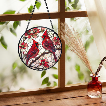 FUGWN Cardinal Bird Stained Glass Window Hanging, Red Cardinal Flower Sun Catchers Indoor Window Round Glass Wall Art Decor, Bird Suncatcher Wall Hanging Decorations, Gardening & Lawn Care