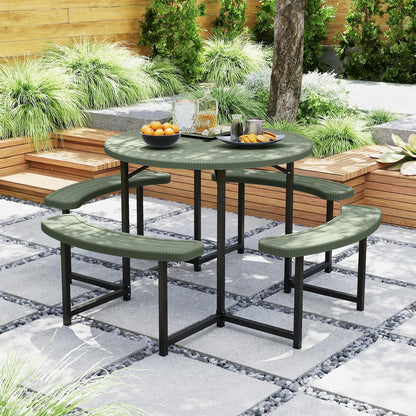 Giantex Picnic Table Bench Set for 4-8 Person, Round 37” Outdoor Dining Table w/Umbrella Hole, HDPE Tabletop, Metal Frame, Patio Furniture Set for Backyard Porch Lawn, 1400lb Capacity (Green,Round)