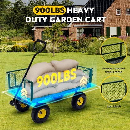 Steel Garden Cart, 2-in-1 Heavy Duty Utility Wagon 900 LBS Capacity Carts with Removable Mesh Sides to Convert into Flatbed, 240° U-Turn 10" Pneumatic Tires Garden Wagon for Lawn Camping Farm Yard