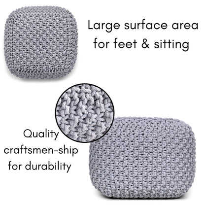 BIRDROCK HOME Square Pouf Ottoman | Cotton Braided Foot Stool with Bean Bag Filling | Boho Foot Rest for Living Room, Bedroom | Compact & Comfortable Seating, Lightweight & Sturdy | Grey