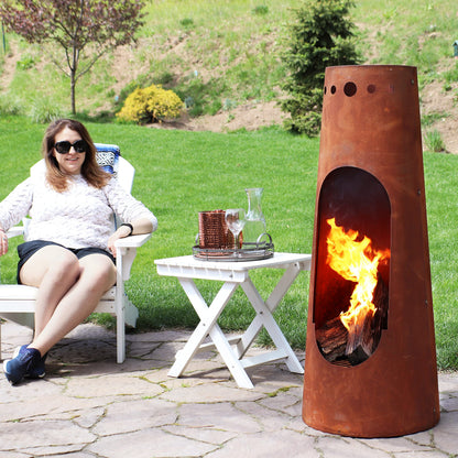 Sunnydaze Santa Fe 50-Inch Chiminea Outdoor Fire Pit - Wood-Burning Chiminea Outdoor Fireplace with Wood Grate - Rustic Patina Finish