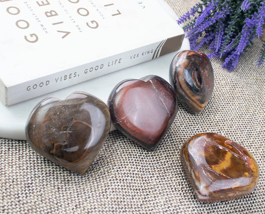 Crocon 50mm Red Tiger Eye Heart stone Big Heart Shape Puff Stones Set 450+ Carats Pocket Crystal Healing Tumble Collection Palm Worry Stone Good Luck Charm Meditation Gift Craft Home Decor