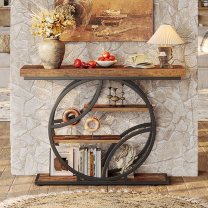 Huuger 41.3 Inch Entryway Table, Industrial Console Sofa Table with Storage, Accent Table with Shelves, for Entry, Hallway, Entrance, Foyer, O-Shaped Metal Frame, Rustic Brown