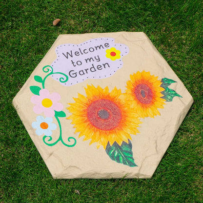 MARCHROSE 4Pcs Round Sunflower Stepping Stone Outdoor Garden Walkway, Durable Plastic Pavers for Patio, Pathway, and Landscaping, Weatherproof Stepping Stones with Ground Stakes (Hexagon Sunflower)