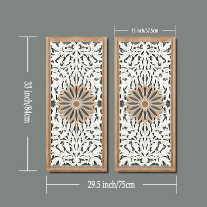 XIAOAIKA Boho Carved Wood Wall Art - Distressed Antique Floral Design Decorative Wall Panels, Large Wood Sculpture for Living Room, Bedroom, Entrance Hall (33 Inches, 2 Panels)