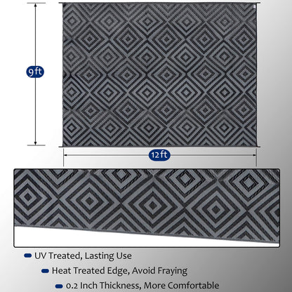 Ridota Reversible Mats, Patio Plastic Straw Modern Area Rug, Floor Mat for Outdoors, RV, Patio, Backyard, Deck, Picnic, Beach, Trailer, Camping (Diamond Black & Grey, 9' x 12')
