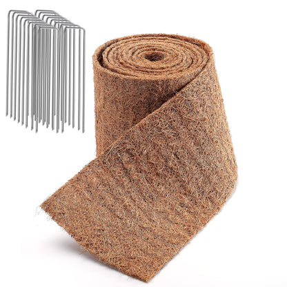 Natural Mulch Roll for Landscaping- 120" x 6.3" Weed Barrier Coconut Fiber Mat with 16 U-Shaped Steel Stakes, Thick Garden Border Edging for Plants, Flowers, Lawns, Vegetables
