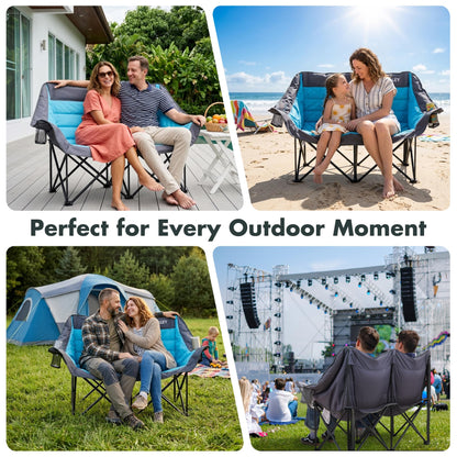 VILLEY Oversized Double Camping Chair for Adults, Heavy-Duty Folding Loveseat Camp Chair with Cup Holders, 2 Person Outdoor Chair Supports up to 900 lbs for Camping, Beach, Lawn & Sports
