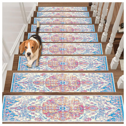 Non Slip Stair Treads Carpet Mat, 30in X 8in Indoor Stair Runners for Wooden Steps, Rubber Backing Edging Stair Rugs for Kids Elders and Pets(Blue/Beige,15PCS)