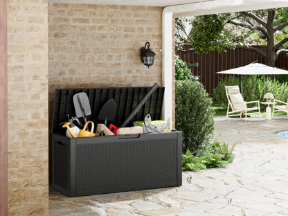 WTFGO 72 Gallon Outdoor Storage Box, Resin Deck Boxes Outdoor Waterproof For Patio Furniture, Garden Tools, Pool Supplies, Lockable And UV Resistant (Rattan Black)